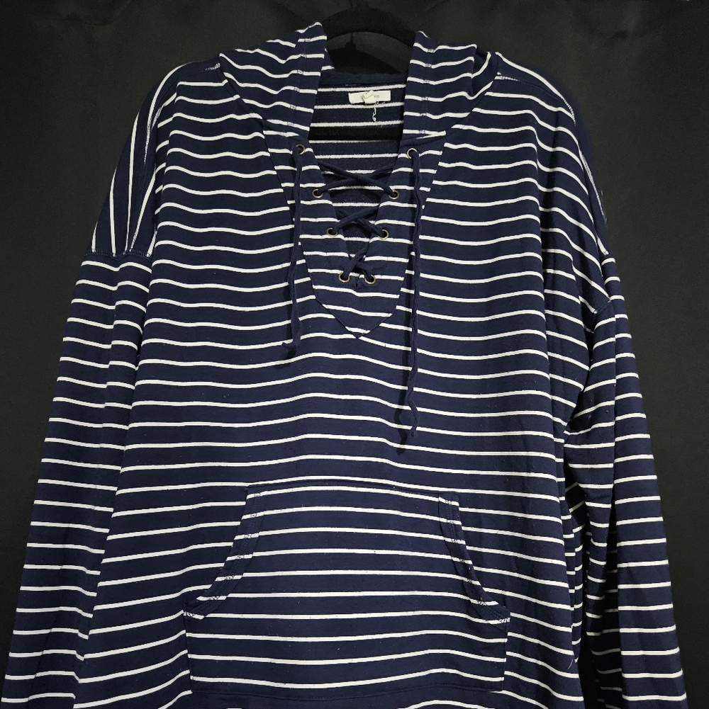 Maurices Navy and White Striped Women's Hooded Sweatshirt 3X